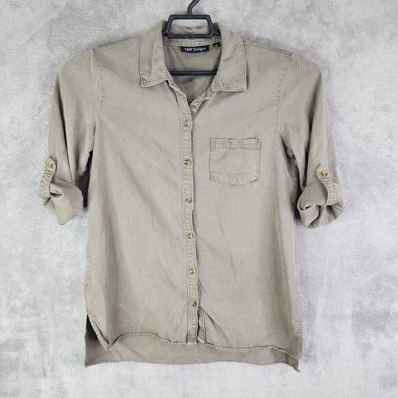 Womens T&W Designs Shirt w/ Roll Tab Sleeves Button-Up 100% Tencel Size S - Picture 2 of 11